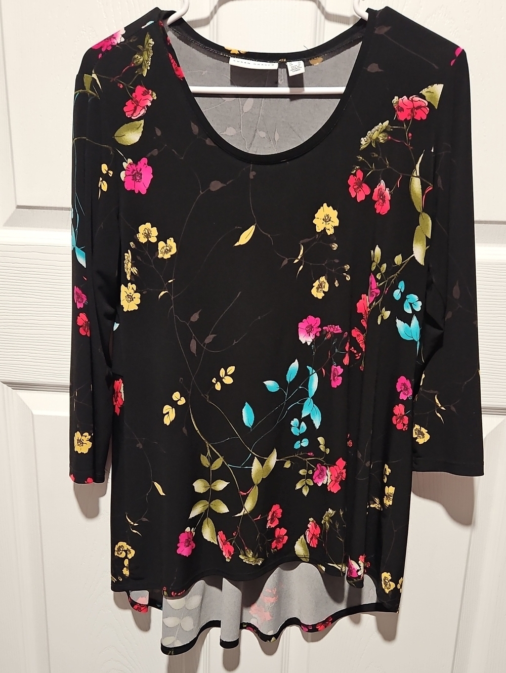 Susan Graver Black Floral Scoop Neck Tunic with Pink, Yellow & Teal Accents